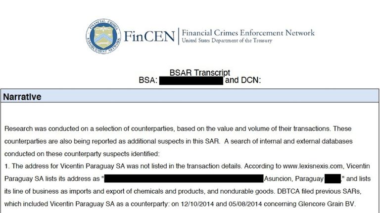 Vicentin: Extracto de un reporte de operación sospechosa de la Unidad de Inteligencia del Departamento del Tesoro de EE.EE. Fuente: FinCENFiles.