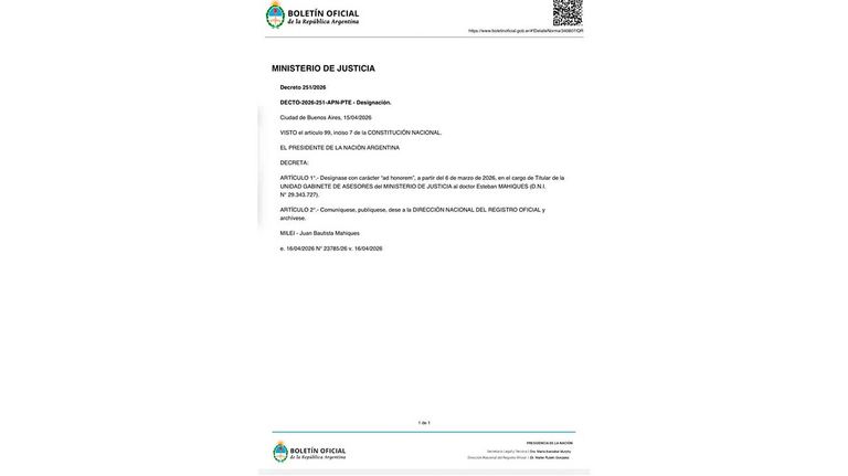 Designación de Esteban Mahiques 16042026