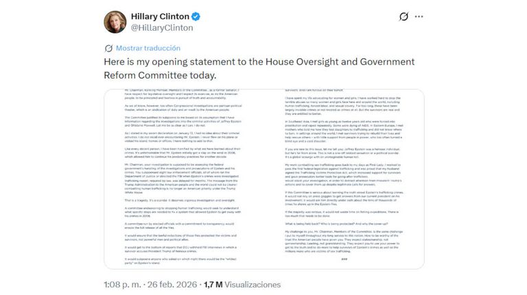 Hillary Clinton comunicado 20260226