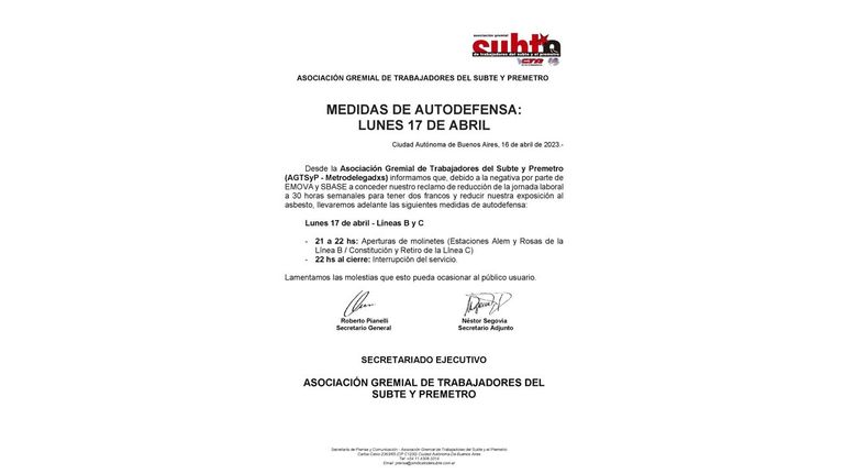 Comunicado de la Asociación gremial de trabajadores del subte y premetro