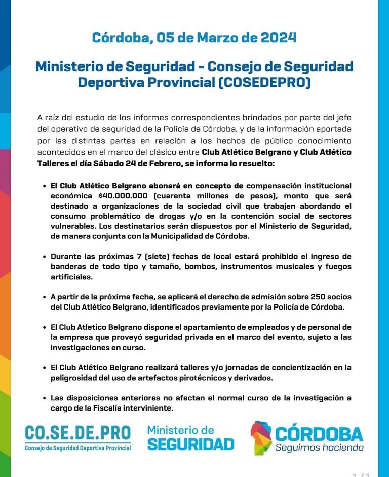 Comunicado de la sanción a Belgrano