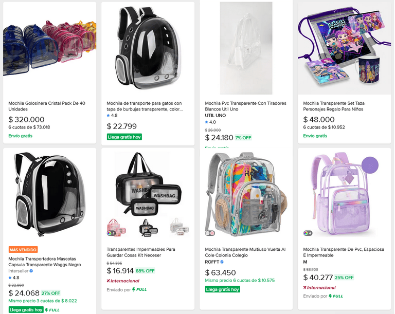 Precios de mochilas en Mercado Libre