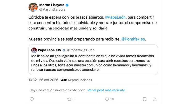 El gobernador de Córdoba, Martín Llaryora, celebró la próxima visita del papa León XIV a la Argentina