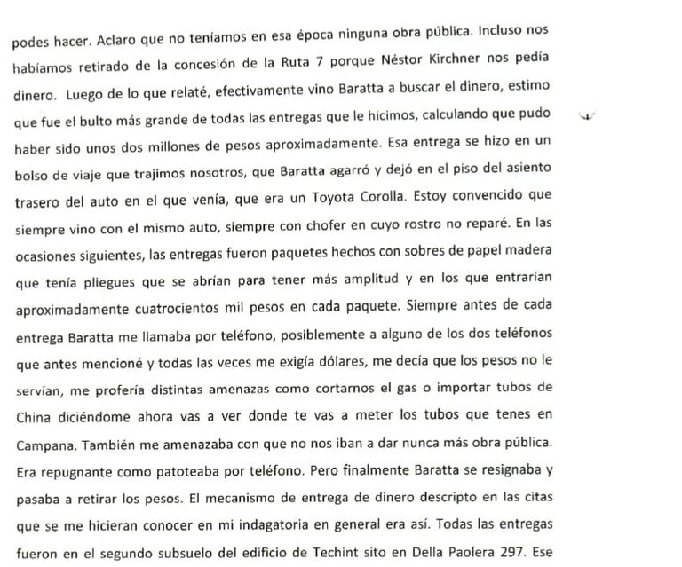 Segmento del testimonio de Zabaleta, directivo de Techint.