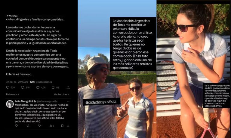Posteo Julia Mengolini jugando al tenis con Andy Chango