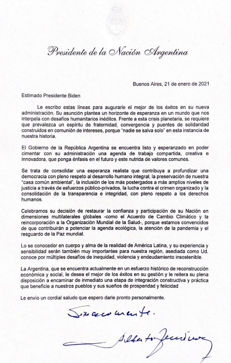 La carta enviada y firmada por Alberto Fernández.