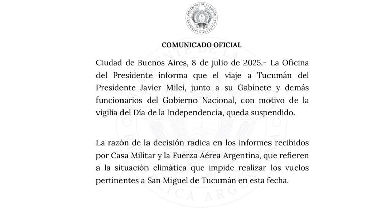 20250708 Comunicado oficial de Presidencia sobre el viaje suspendido de Javier Milei