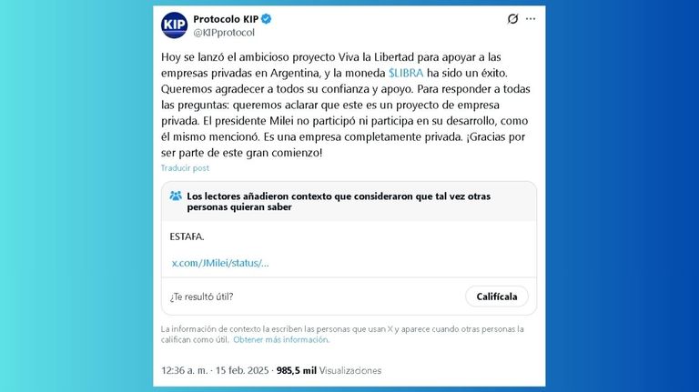 Comunicado de KIP Protocol en el que desligan a Javier Milei de la criptomoneda $Libra