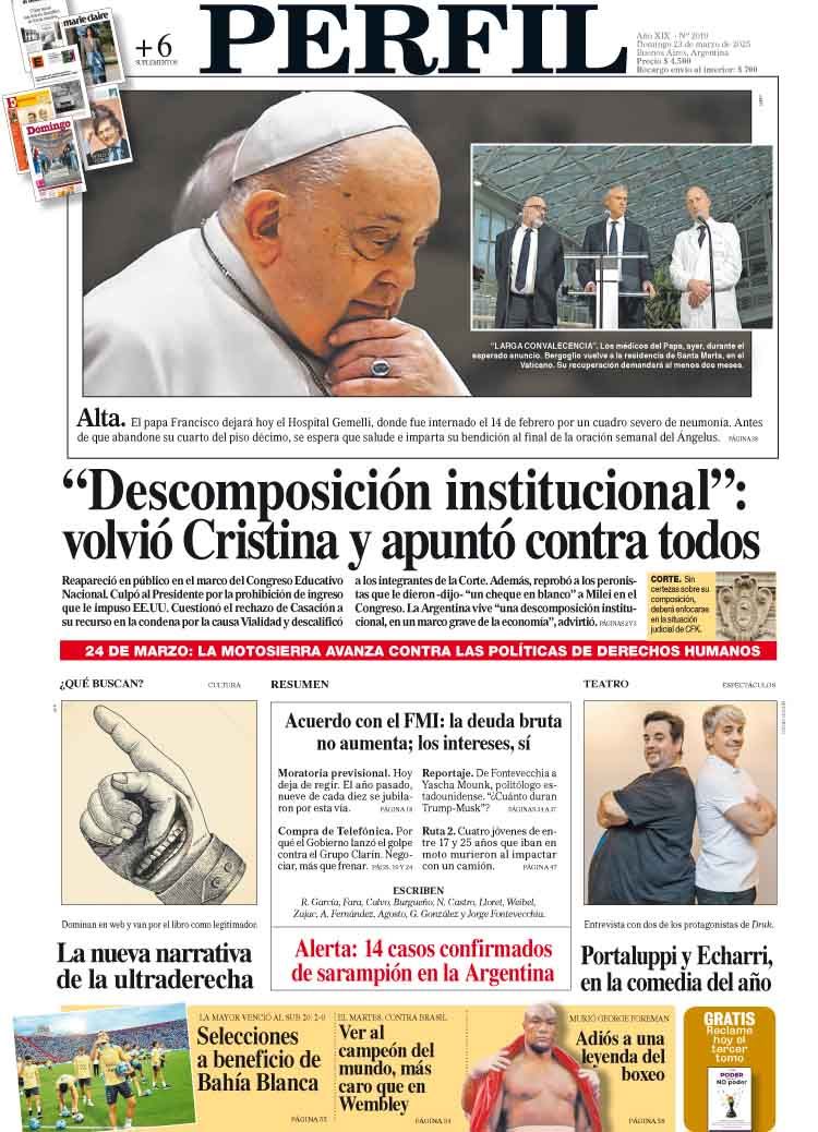 La tapa del Diario PERFIL del domingo 23 de marzo de 2025