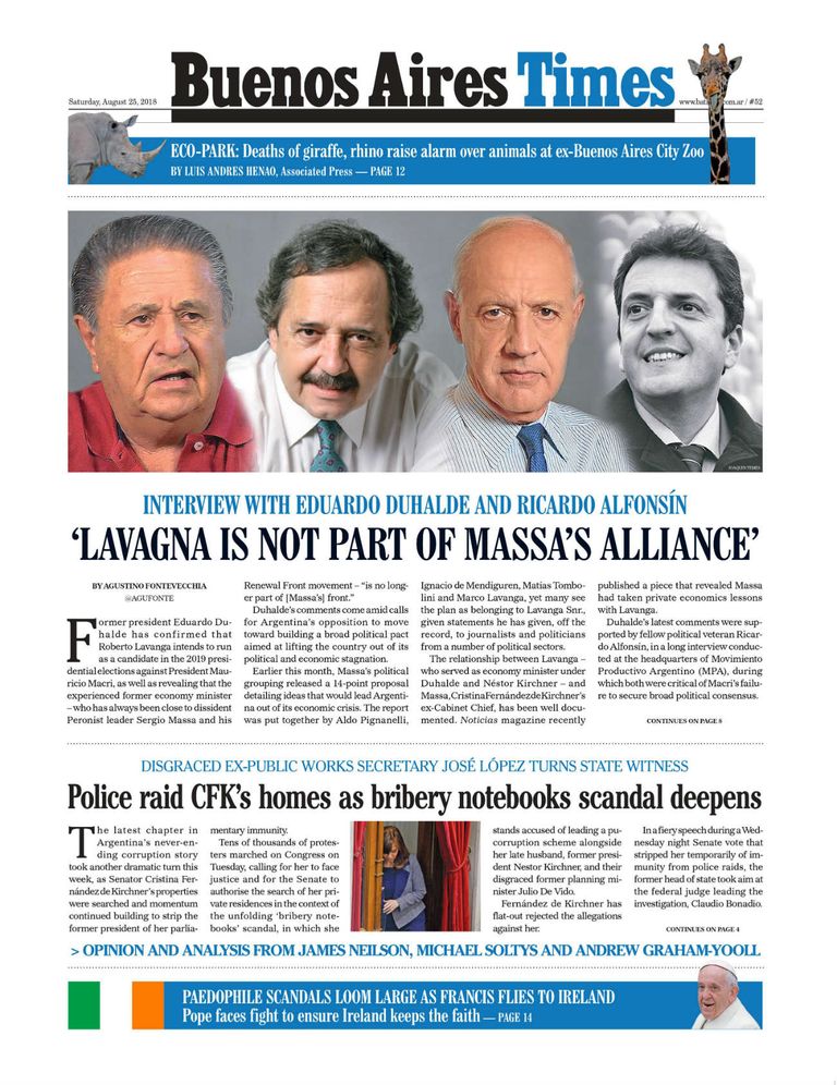La tapa de Buenos Aires Times de este sábado.