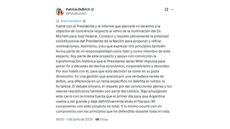 El tuit de Patricia Bullrich sobre Michelli