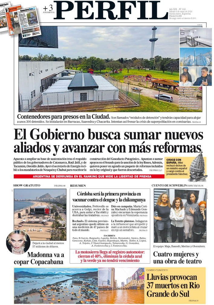 La tapa del Diario PERFIL del sábado 4 de mayo de 2024