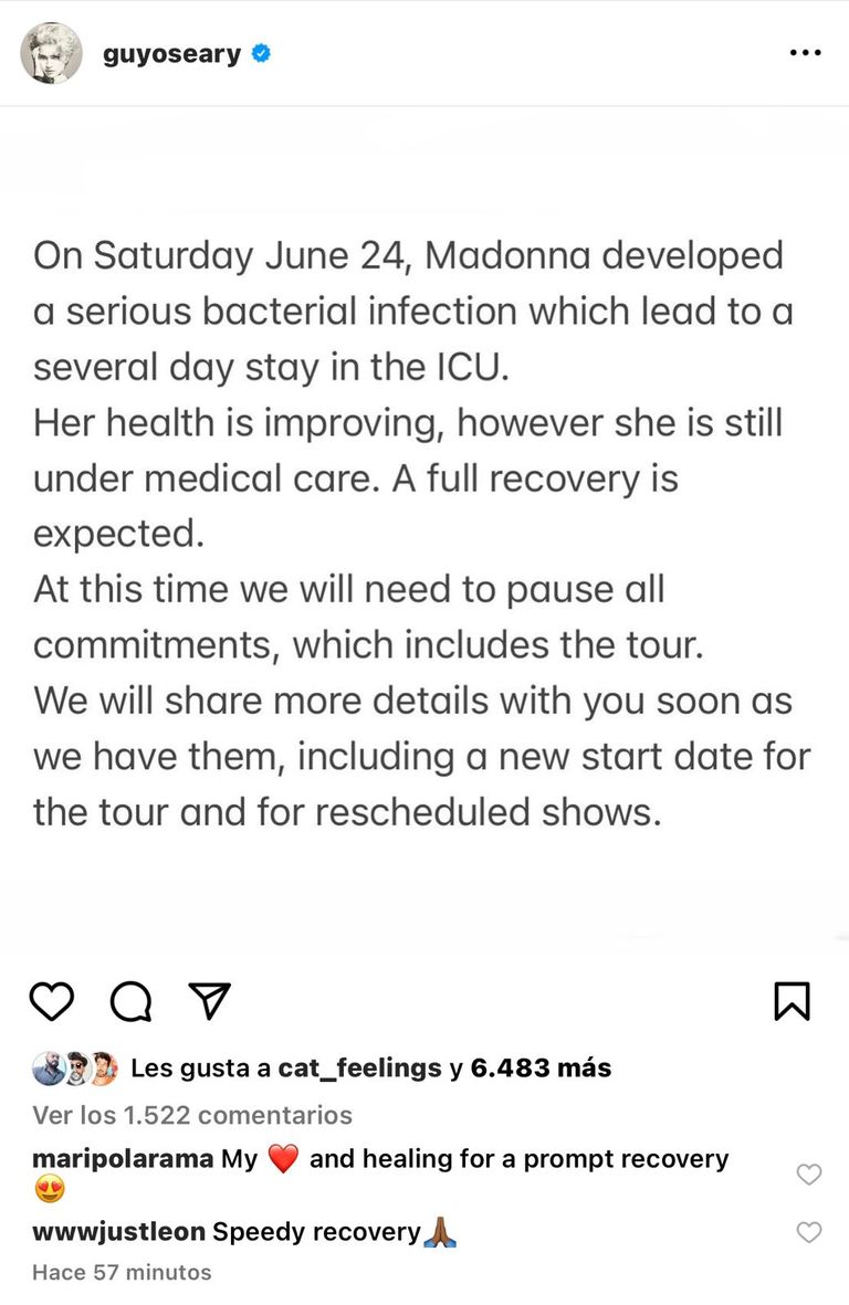Madonna fue encontrada inconsciente y está internada luchando contra una bacteria