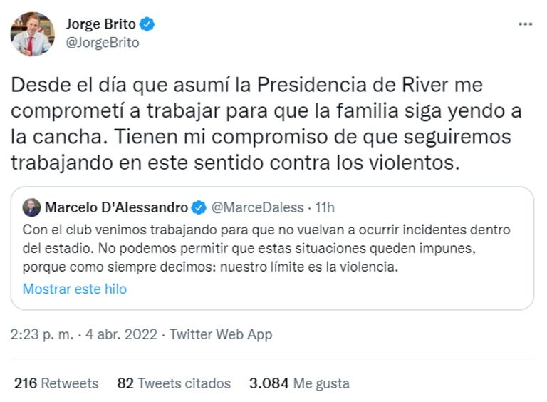 Tweet de Jorge Brito contra la barra de River 20220404