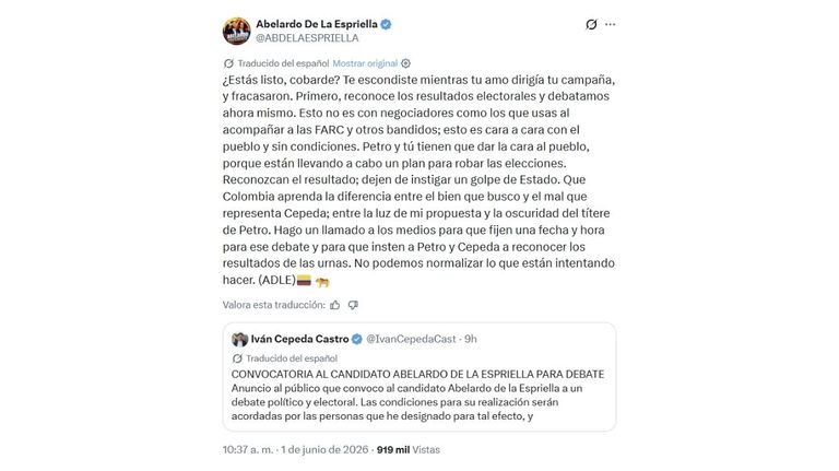 Abelardo de la Espriella desafió a Iván Cepeda a un debate