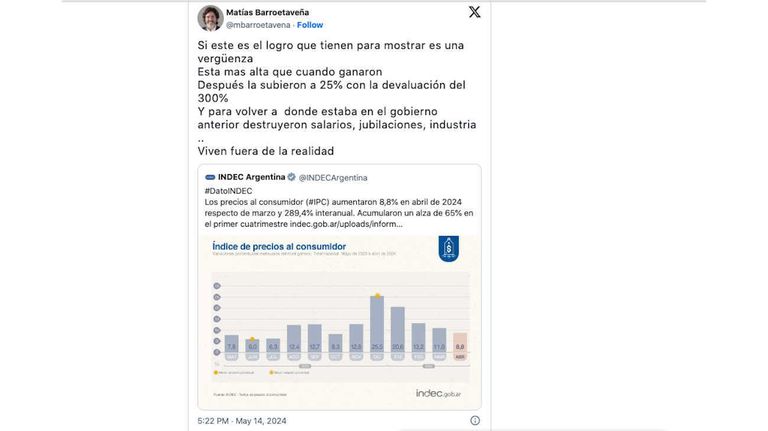 El Gobierno festejó la baja de la inflación en abril 20240514
