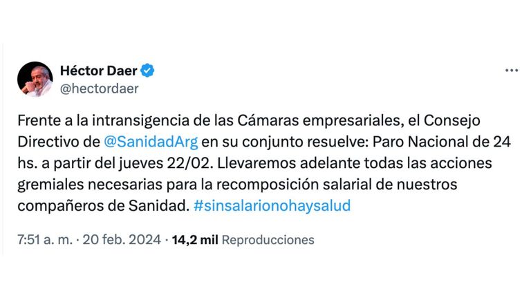 El gremio de la Sanidad anunció un paro para este jueves