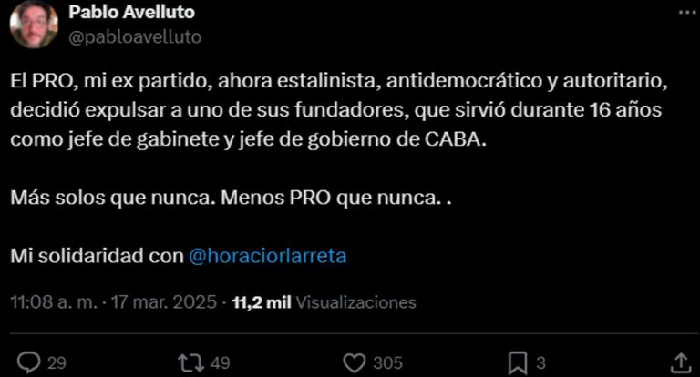 Tuit Pablo Avelluto sobre expulsión de Larreta 20250317