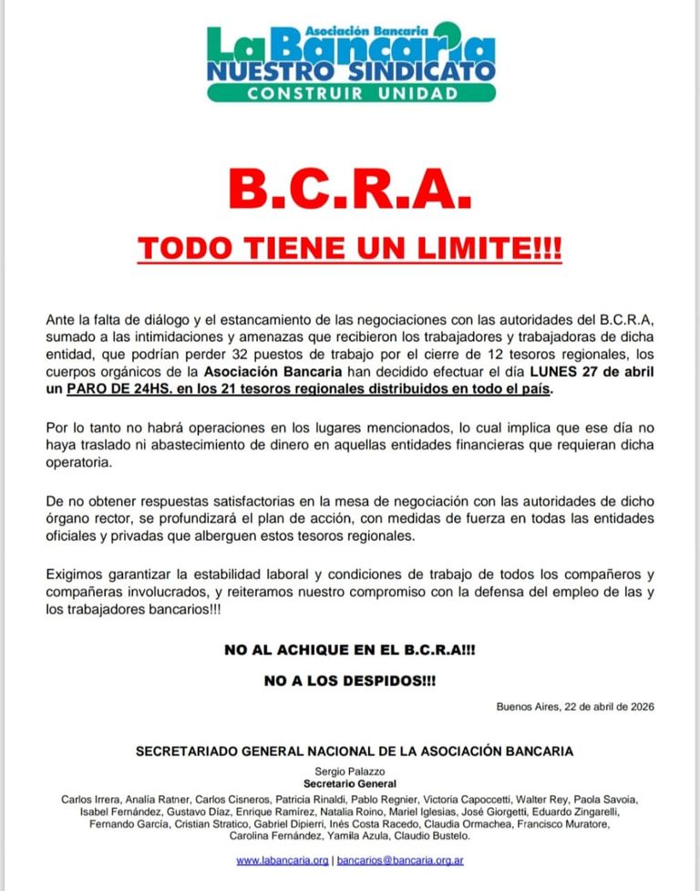 Paro del 27 de abril La Bancaria