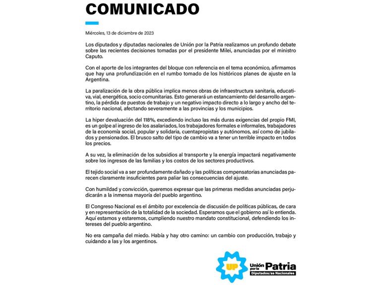 Comunicado diputados UxP 20231215