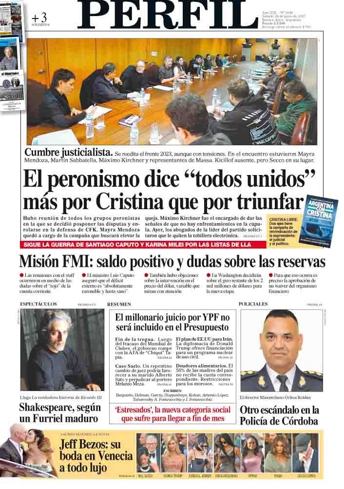 La tapa del Diario PERFIL del sábado 28 de junio de 2025