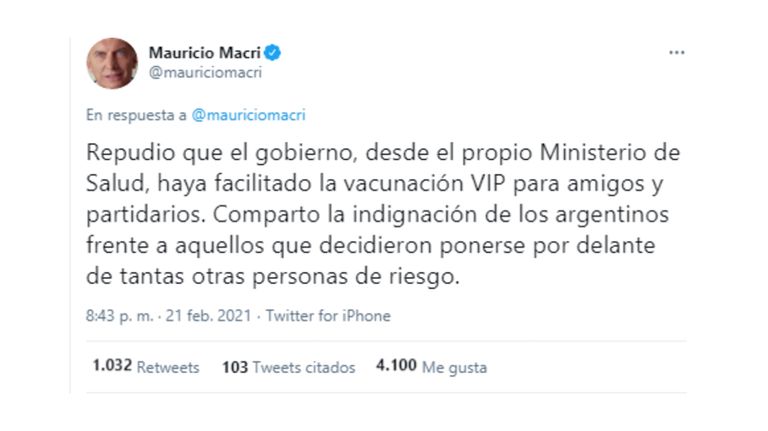 Macri Vacunación VIP Twitter
