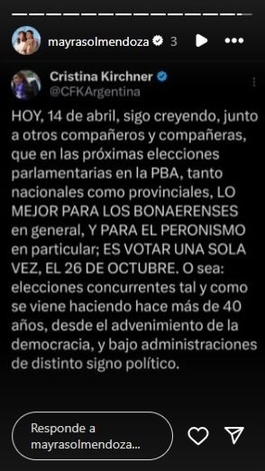 Posteo de Mayra Mendoza contra Axel Kicillof