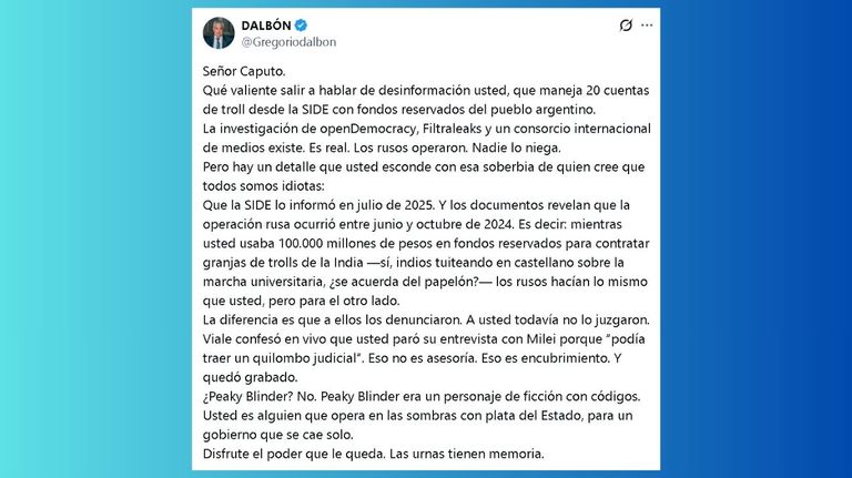 Gregorio Dalbón a Santiago Caputo: 'Disfrute el poder que le queda. Las urnas tienen memoria'