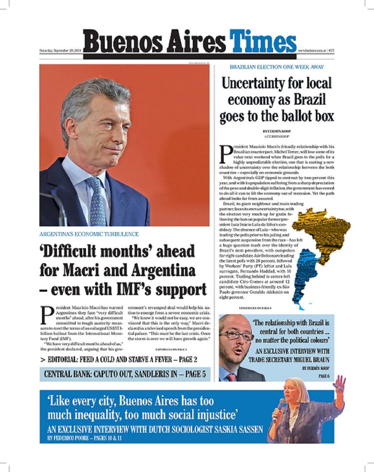 La tapa del Buenos Aires Time sábado 29 de septiembre
