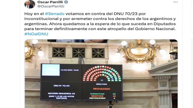 Repercusiones tras el rechazo del DNU en el Senado 20240314