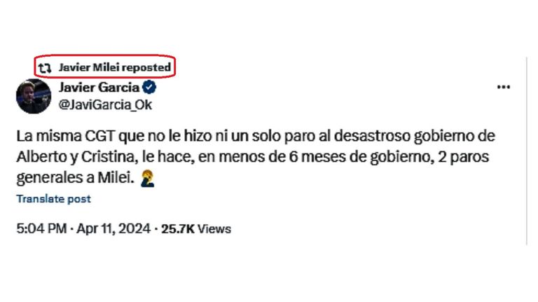 Retuit de Milei contra la CGT 20240411