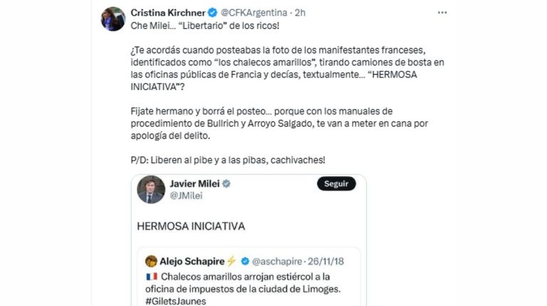 Tweet de CFK contra Milei