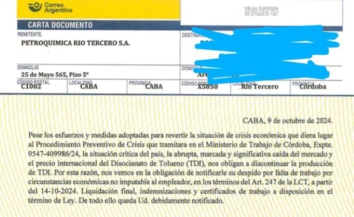 14-10-2024 telegrama de despido TDI Río Tercero Córdoba