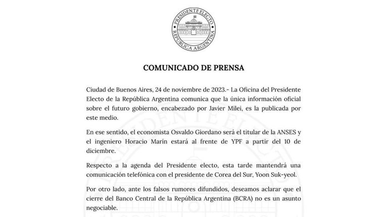 Comunicado de prensa de la oficina del presidente electo Javier Milei
