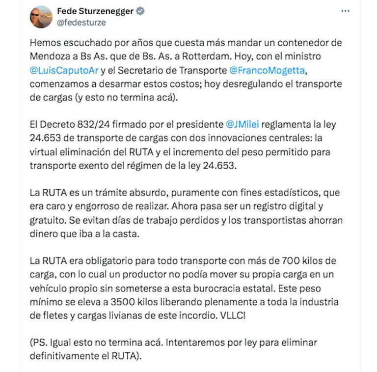 El gobierno desreguló el transporte de cargas: qué implica la medida que celebró Federico Sturzenegger