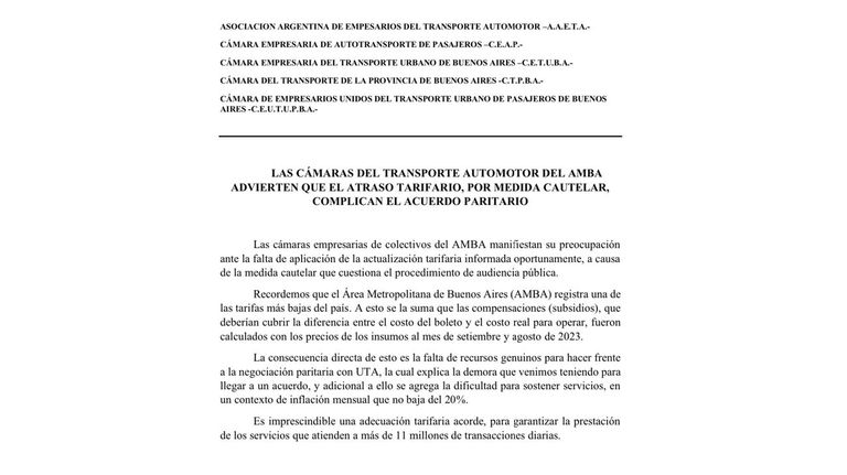 Las cámaras empresarias del colectivo del AMBA exigieron el aumento de tarifas.