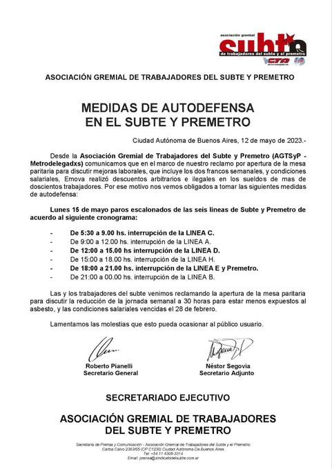 comunicado del subte paro 15/5