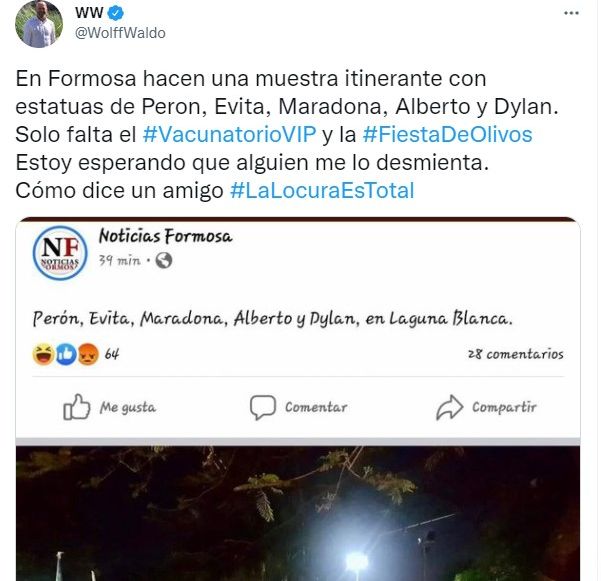 Tweet Waldo Wolff sobre la estatua de Alberto Fernández en Formosa