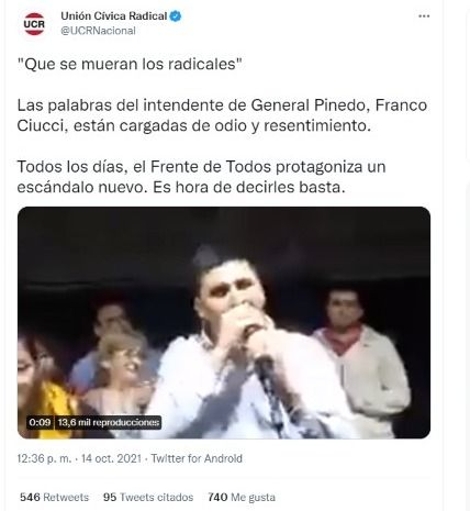 La UCR repudió el exabrupto del intendente de General Pinedo