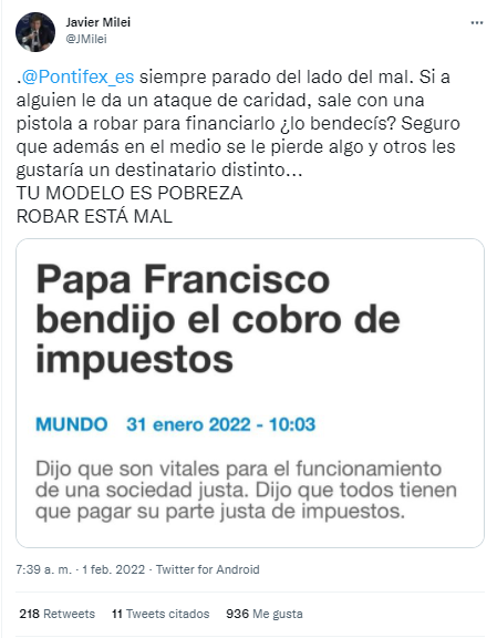 Tweet de Javier Milei contra Francisco
