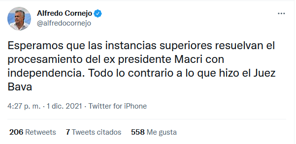 Tweet de Alfredo Cornejo