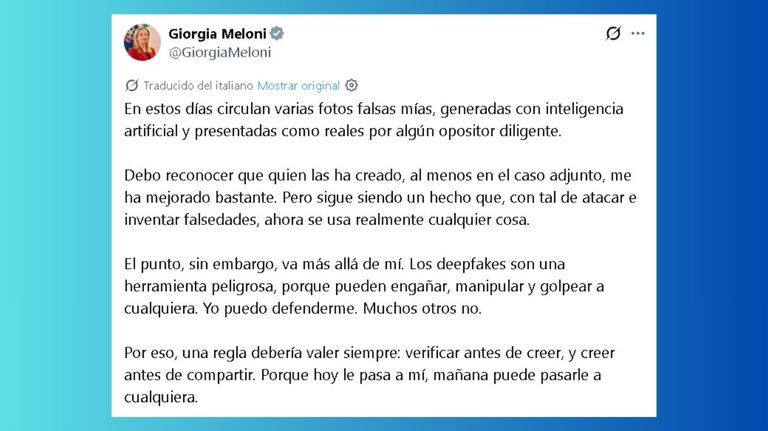 Giorgia Meloni denunció la circulación de imágenes falsas suyas generadas con inteligencia artificial