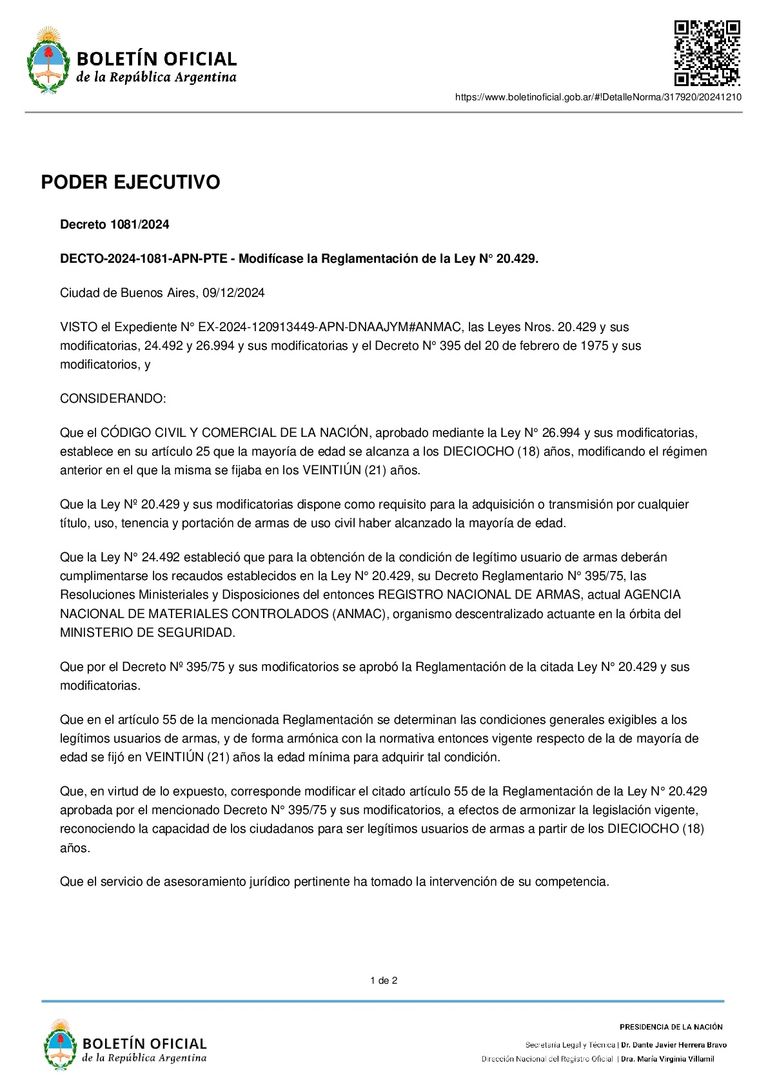 El Gobierno bajó la edad para poder usar legítimamente armas de fuego