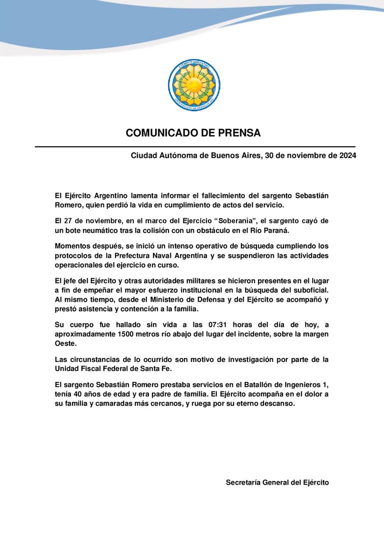 Comunicado de prensa del Ejército tras el hallazgo del cuerpo del sargento Sebastían Romero