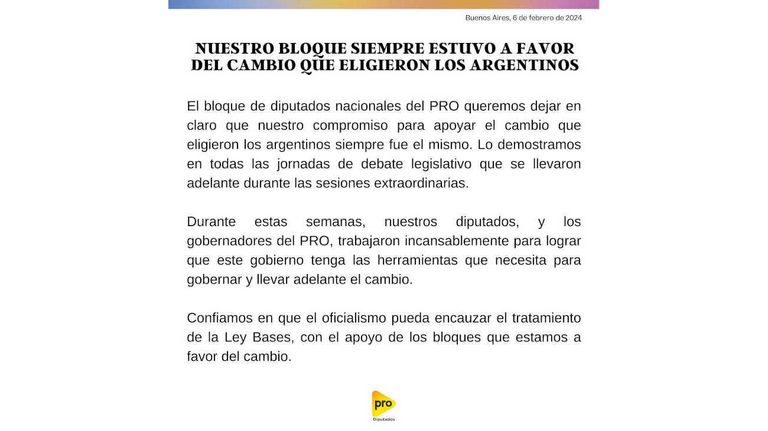 PRO Diputados Comunicado de nuestro bloque 20240206