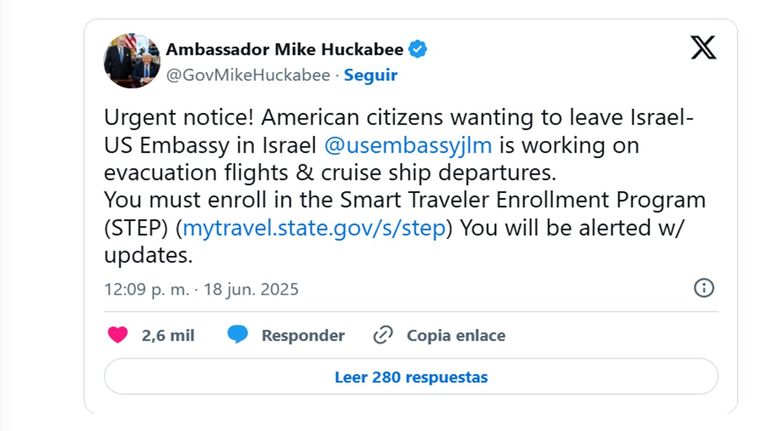 Tuit del embajador estadounidense en Israel
