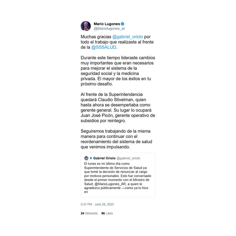 Respuesta de Mario Lugones a la renuncia de Oriolo