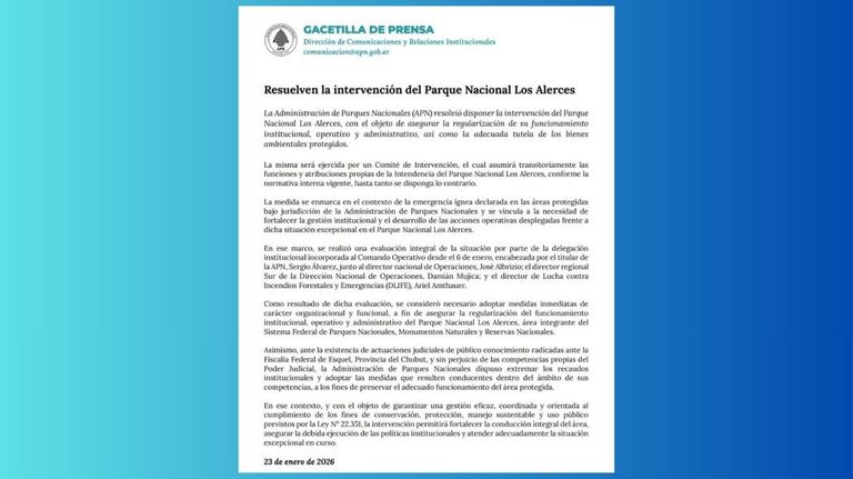 Comunicado de la Administración Nacional de Parques Nacionales sobre la intervención del parque nacional Los Alerces, en Chubut