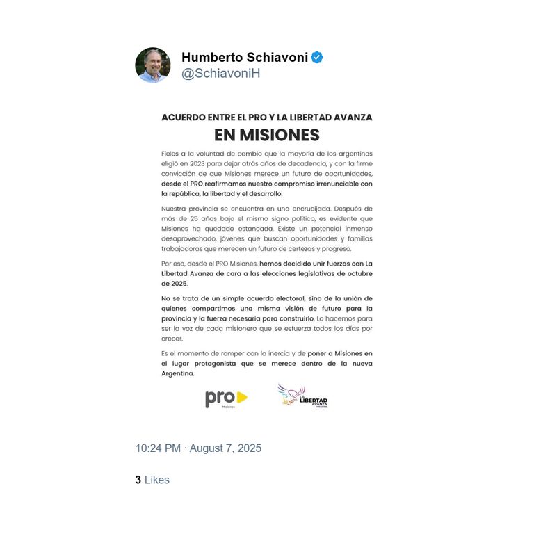 Posteo de Humberto Schiavoni sobre su acuerdo con LLA