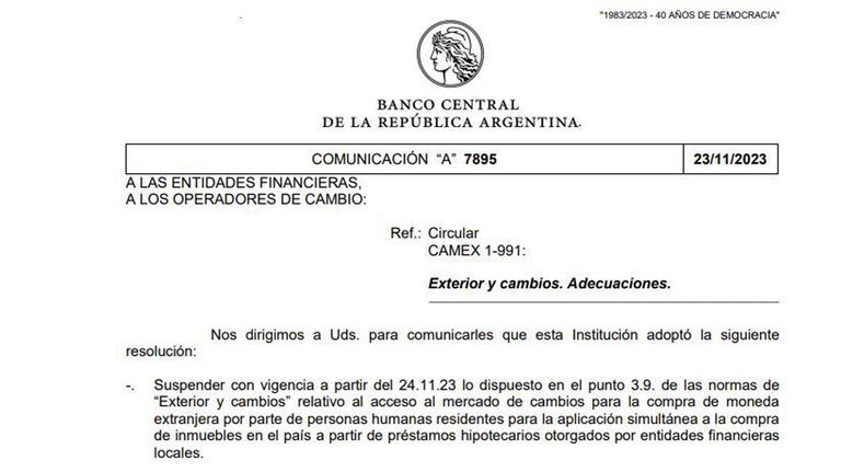El Banco Central suspendió la venta de dólares oficiales con pesos de créditos hipotecarios.